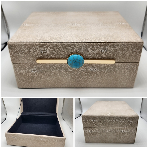 Faux Taupe Shagreen Brass Turquoise Jewelry Box